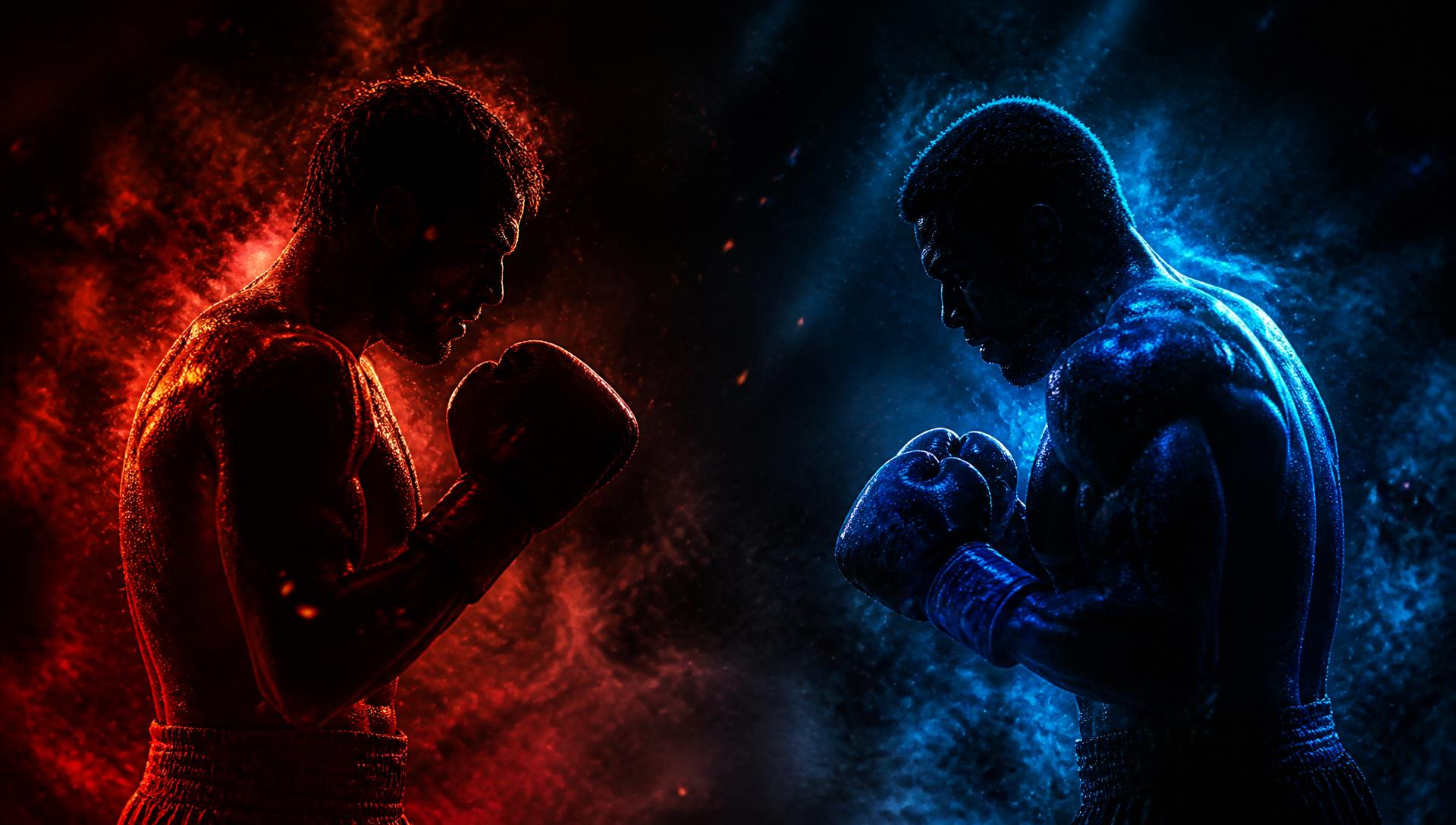 Two elite ADASTRA.TV boxers facing off in dramatic red and blue lighting